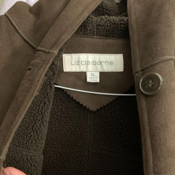Y2K Liz Claiborne Faux Suede Fleece Lined Hooded Chocolate Brown Coat - Size XL - Picture 2 of 5